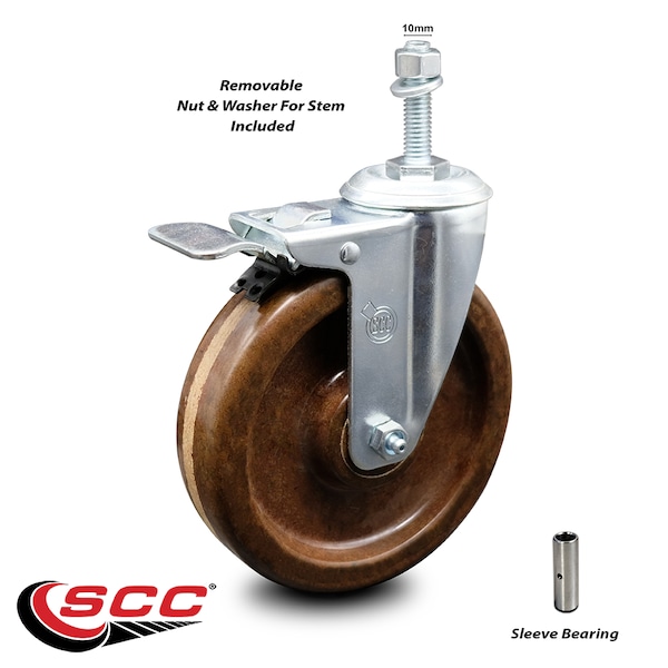 5 Inch High Temp Phenolic Swivel 10mm Stem Caster with Total Lock Brake SCC